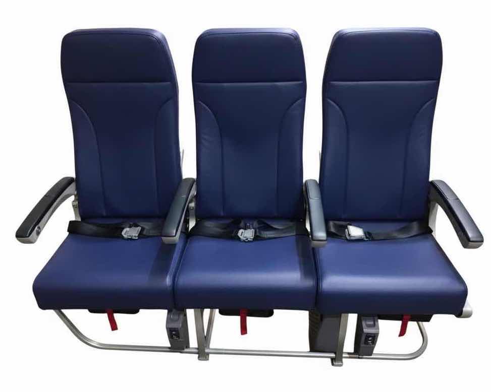 Photo 1 of VINTAGE B/E AEROSPACE COMMERCIAL AIRCRAFT PASSENGER 3-SEAT ASSEMBLY – BLUE 57”X18.5”H46”