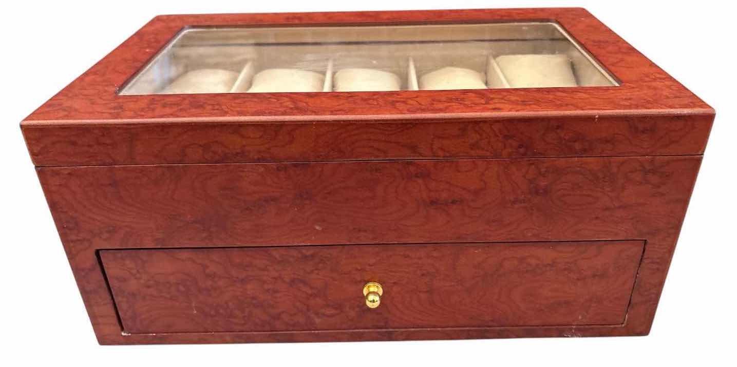 Photo 1 of WOODEN 10-SLOT WATCH DISPLAY & STORAGE BOX WITH GLASS TOP AND DRAWER 14.25”X8.5”H6.5”