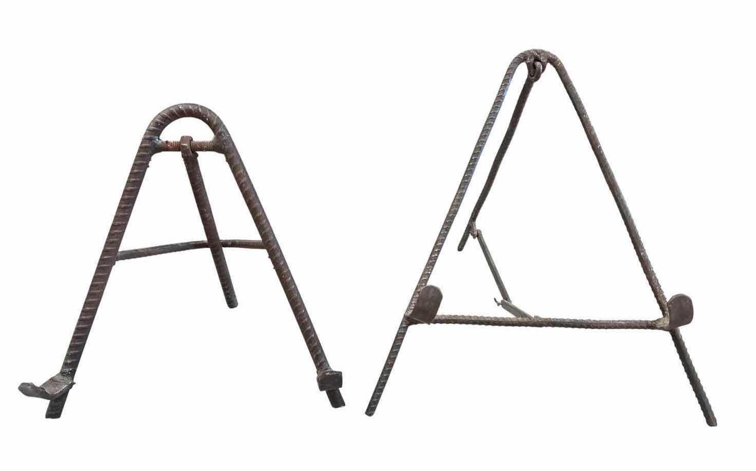 Photo 1 of PAIR OF RUSTIC REBAR METAL DISPLAY EASELS / PLATE STANDS H10.75”