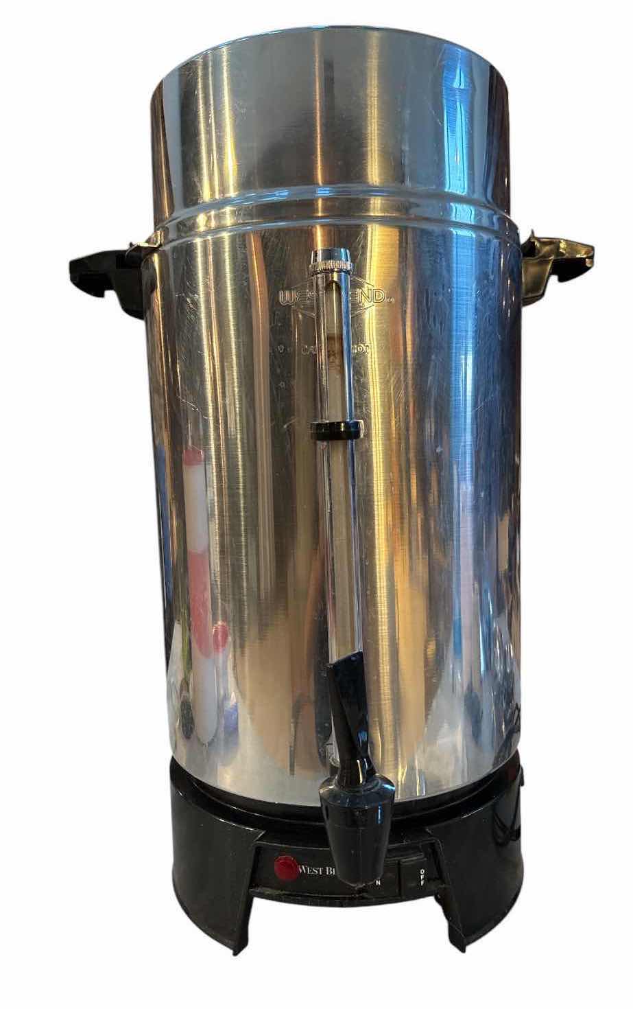 Photo 1 of VINTAGE WEST BEND STAINLESS STEEL 100 CUP COMMERCIAL COFFEE URN / PERCOLATOR WITH DISPENSING SPIGOT H21.5” $120