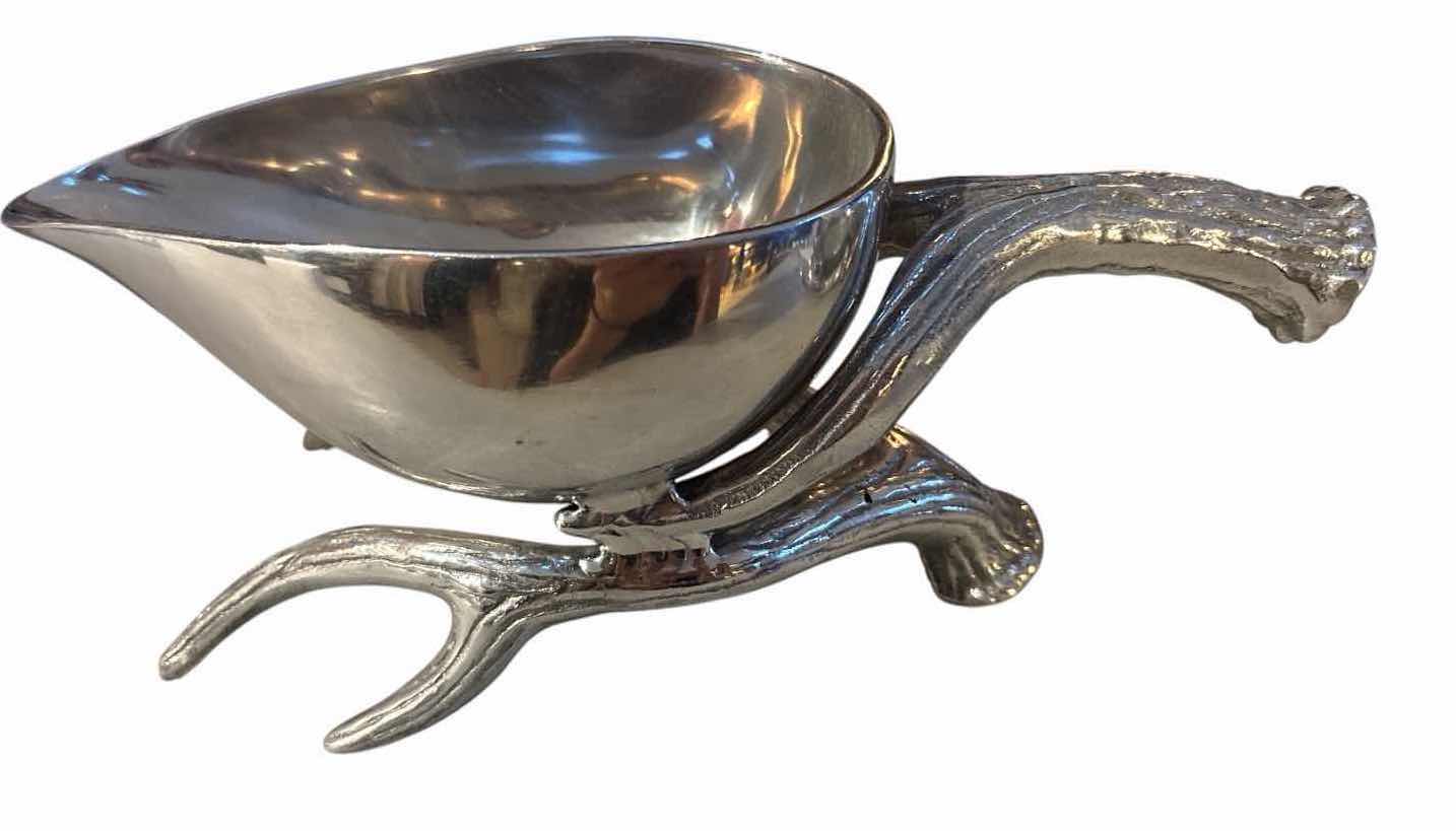 Photo 1 of PAIR OF SILVER-TONE ANTLER & BRANCH SERVING BOWLS W SPOON – RUSTIC LODGE DECOR H4.25”