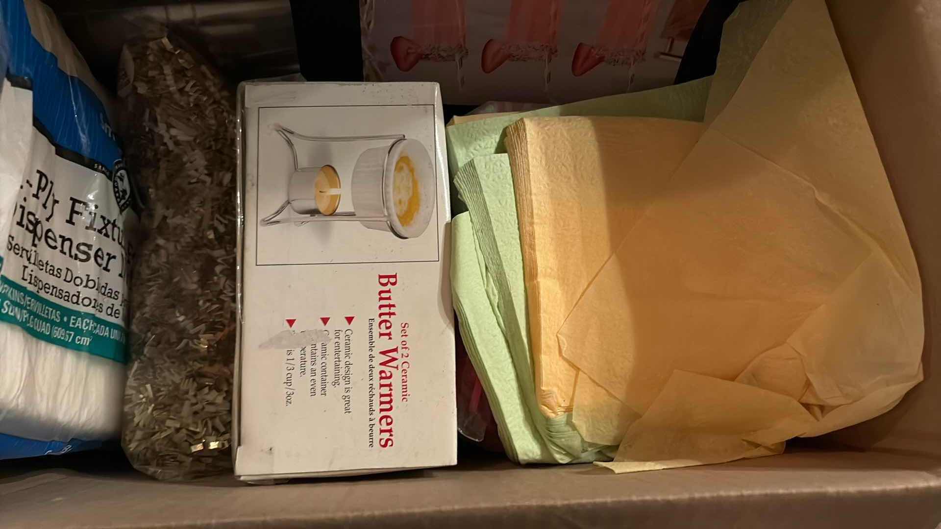 Photo 1 of SMALL BOX OF PAPER PRODUCTS-NAPKINS, PLASTIC FLUTES & BUTTER WARMERS