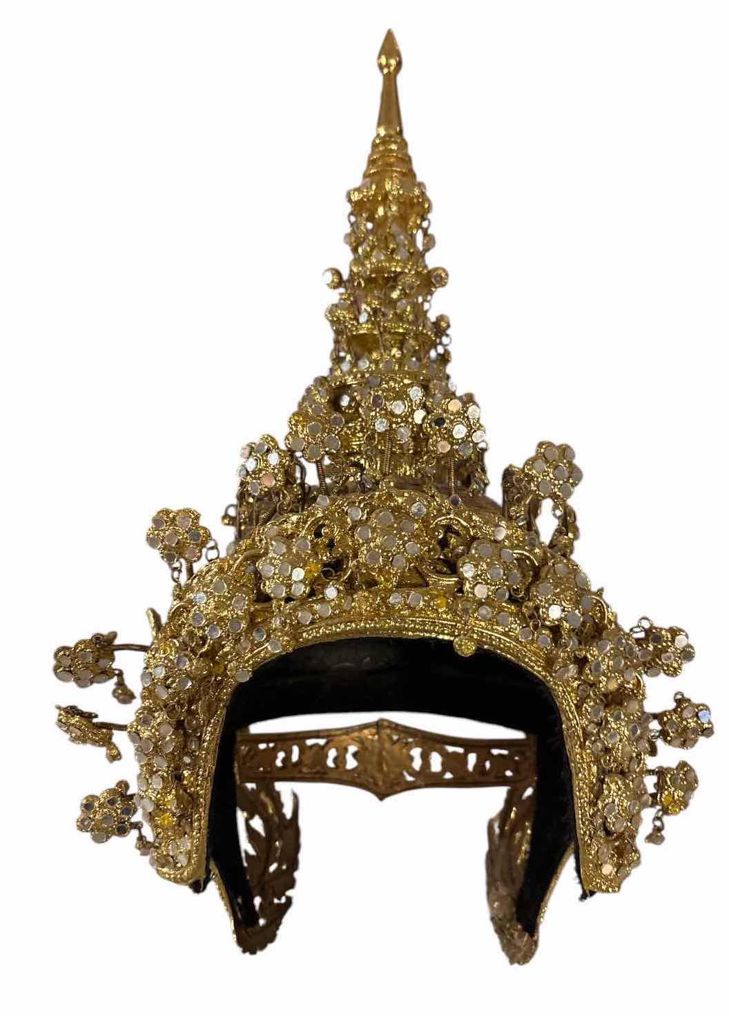 Photo 1 of ORNATE GOLD-TONE ASIAN-STYLE MINIATURE DECORATIVE HEADDRESS WITH MIRRORED ACCENTS H17.5”