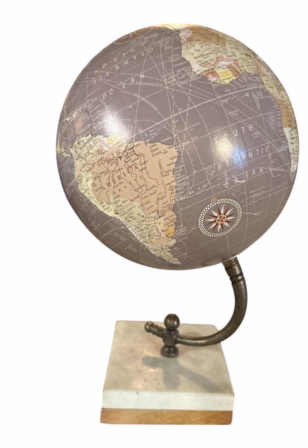 Photo 1 of DECORATIVE VINTAGE-STYLE WORLD GLOBE ON METAL STAND WITH WOOD & MARBLE BASE H13.5” $53