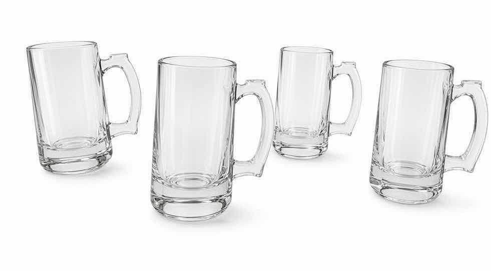 View 1 of 4-PCS HEAVY CLEAR GLASS BEER MUG / STEIN WITH HANDLE H6”