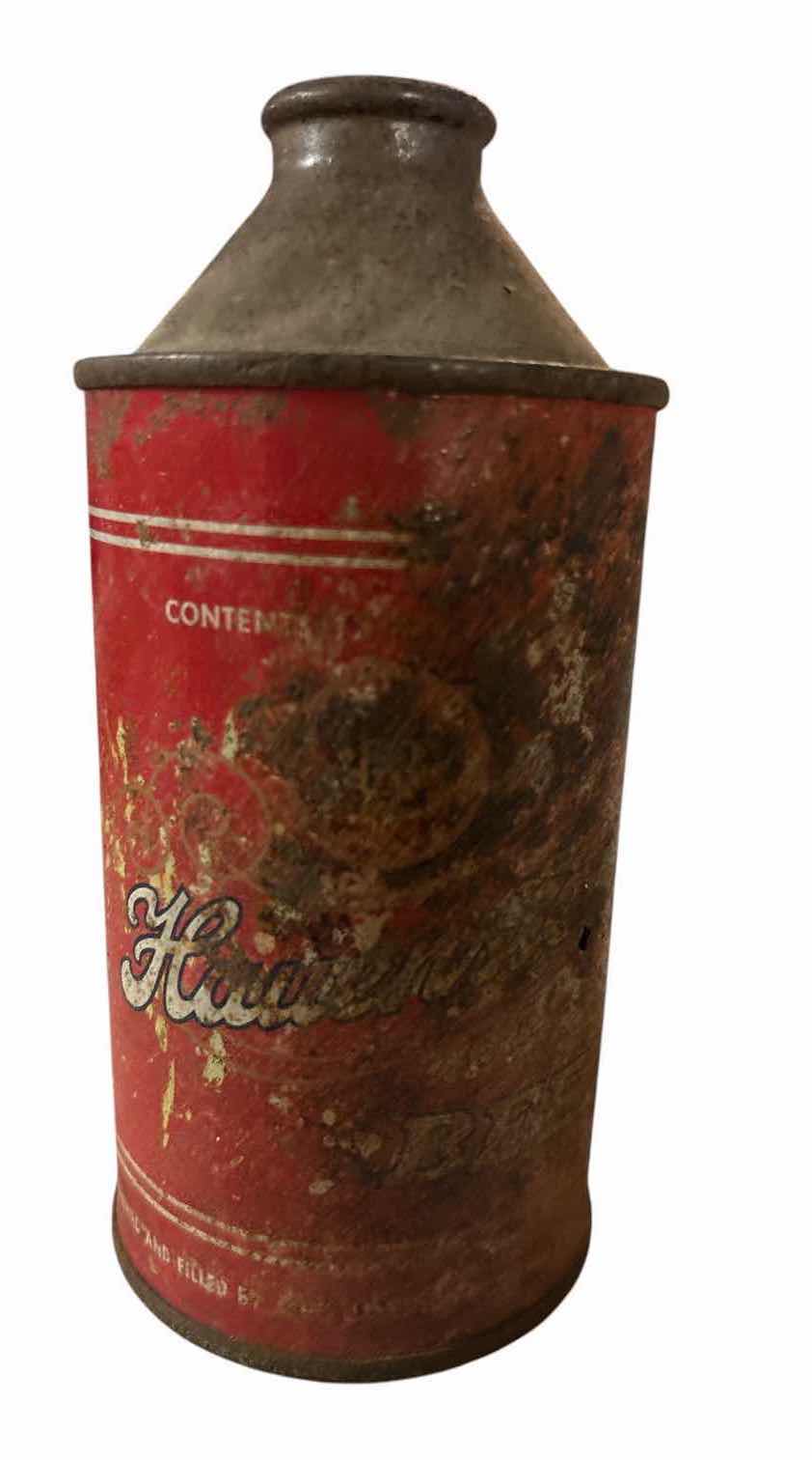 Photo 1 of VINTAGE RED GRAPHIC CONE-TOP BEER CAN – HEAVY PATINA H5.5”