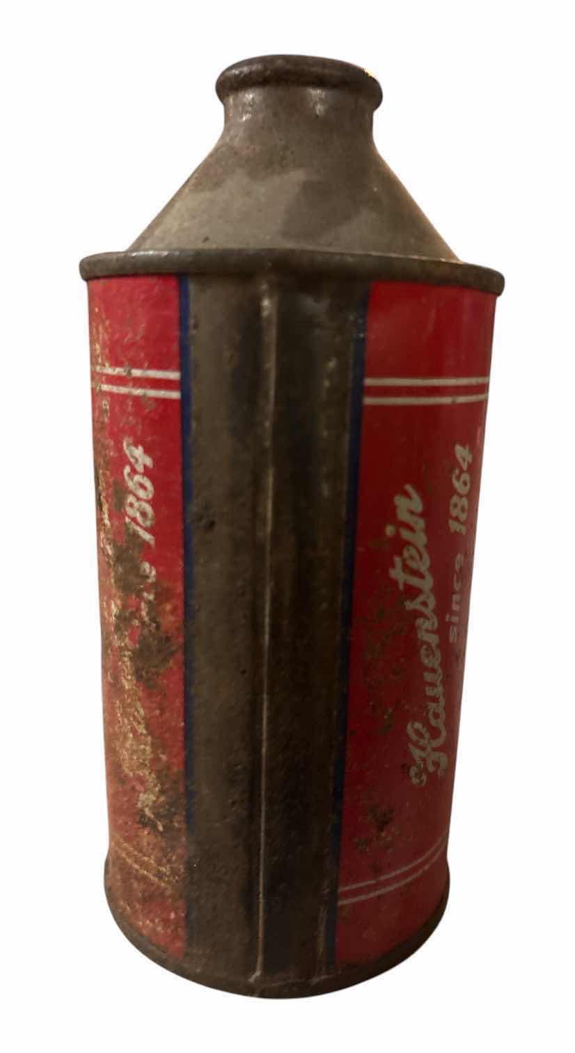 Photo 1 of VINTAGE RED GRAPHIC CONE-TOP BEER CAN – HEAVY PATINA H5.5”