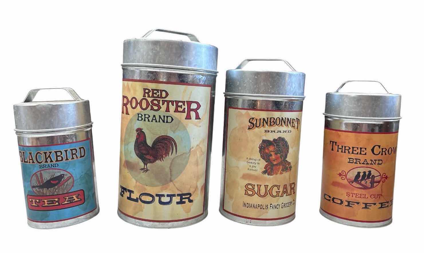 Photo 1 of 4-PCS VINTAGE-STYLE METAL KITCHEN CANISTER SET – FLOUR, SUGAR, COFFEE & TEA H10.5”