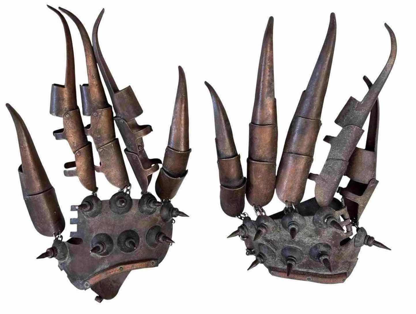 Photo 1 of PAIR OF ARTICULATED METAL CLAW HAND GAUNTLETS WITH SPIKED DETAIL – COSTUME/PROP L10”