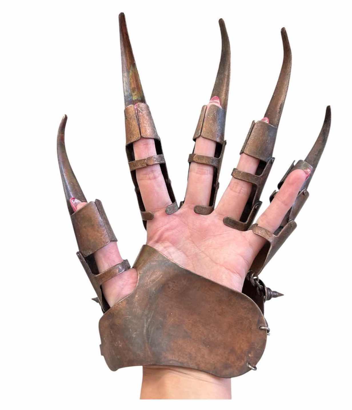 Photo 1 of PAIR OF ARTICULATED METAL CLAW HAND GAUNTLETS WITH SPIKED DETAIL – COSTUME/PROP L10”
