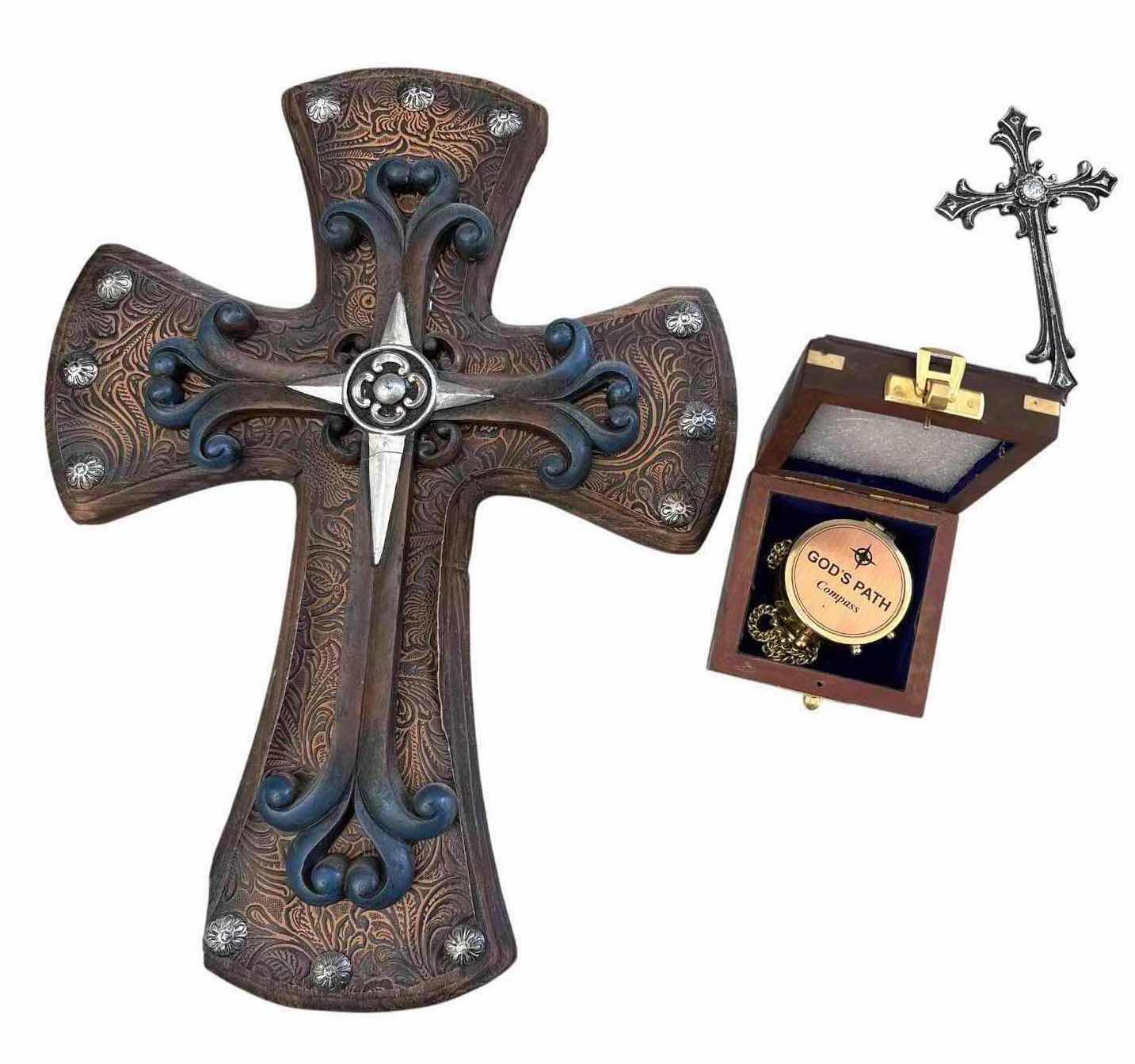 Photo 1 of 4-PCS RELIGIOUS WALL CROSS DECOR & “GOD’S PATH” BRASS COMPASS W/ WOODEN BOX H14.5”