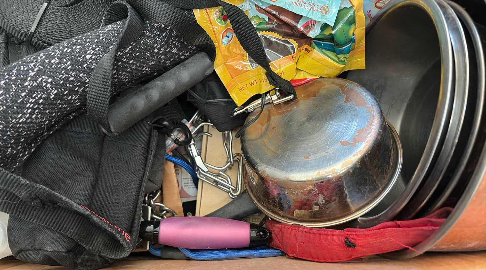 Photo 1 of BOX OF DOG ITEMS- LEASHES, BOWLS, POOP BAGS AND MORE