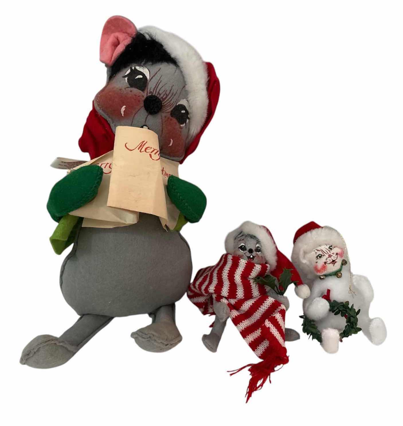 Photo 1 of 3-PCS VINTAGE ANNALEE CHRISTMAS MOUSE FIGURES H12”