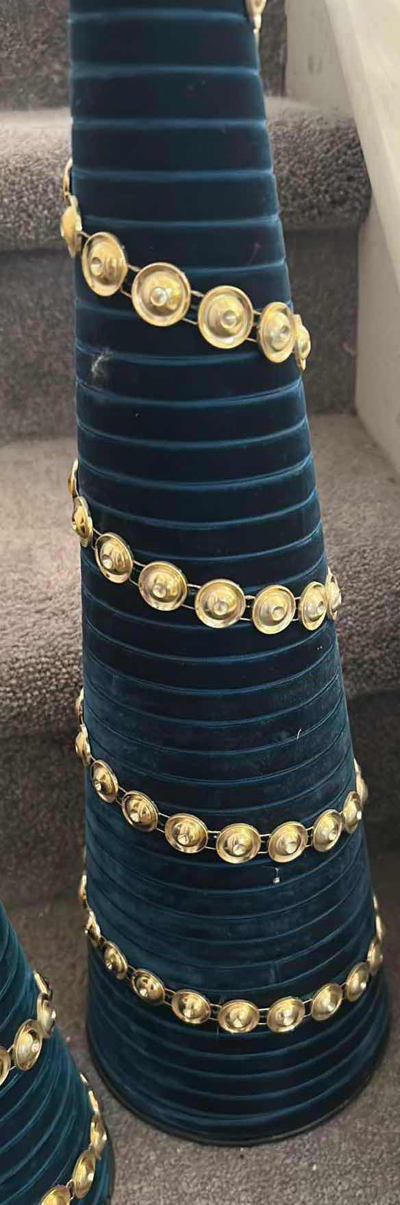 Photo 1 of 2- DECORATIVE TABLE TOP TEAL VELVET WRAPPED CONE TREES W GOLD JEWELED BASES H 25" 19"