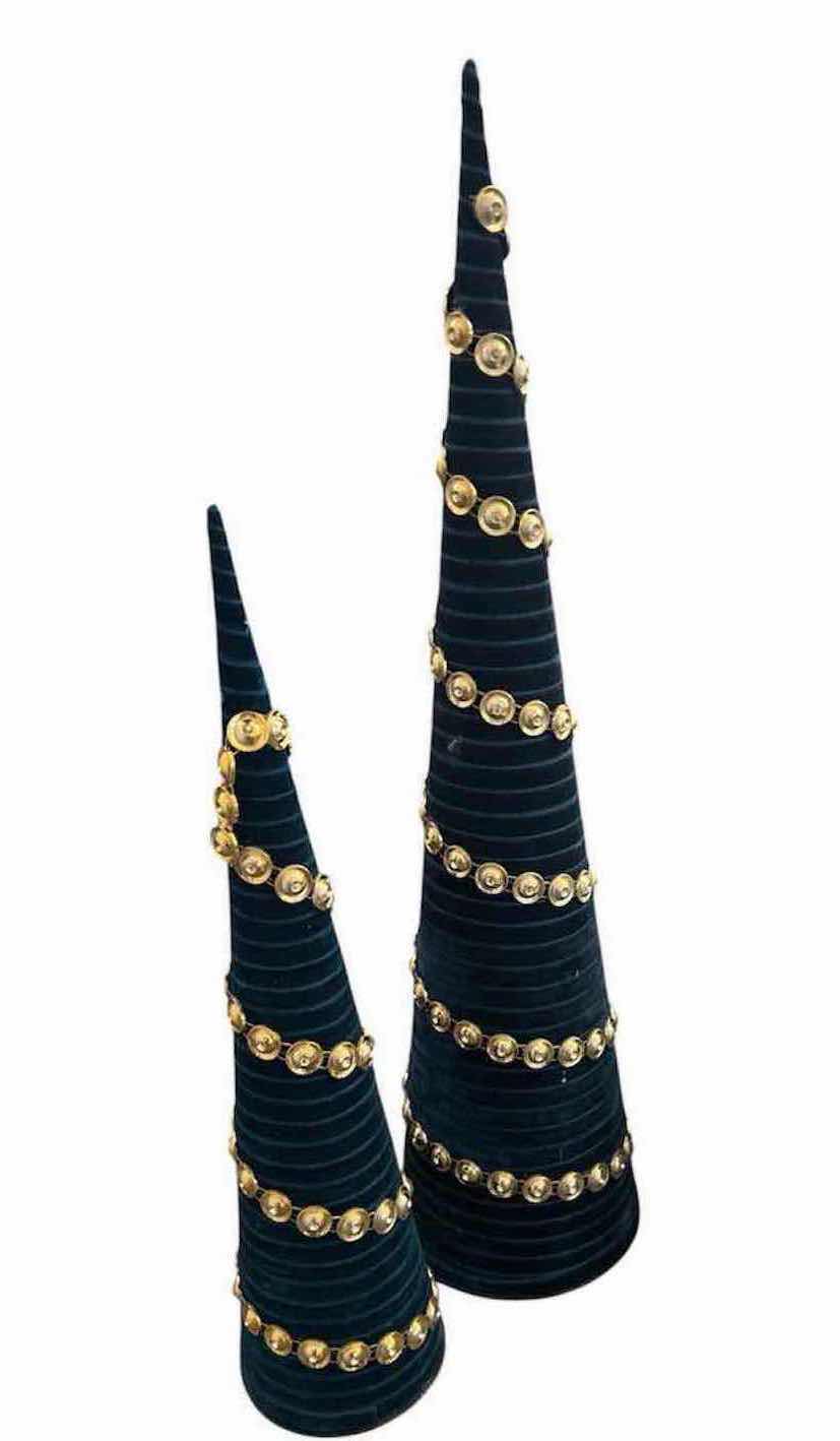 Photo 1 of 2- DECORATIVE TABLE TOP TEAL VELVET WRAPPED CONE TREES W GOLD JEWELED BASES H 25" 19"