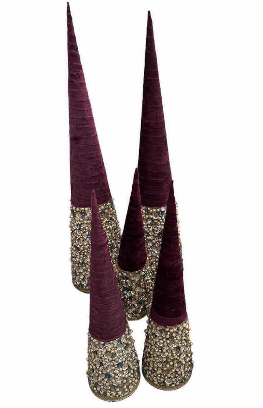 Photo 1 of 5-DECORATIVE TABLE TOP PLUM VELVET WRAPPED CONE TREES W JEWELED SEQUINED BASES H 30" 24" 19"
