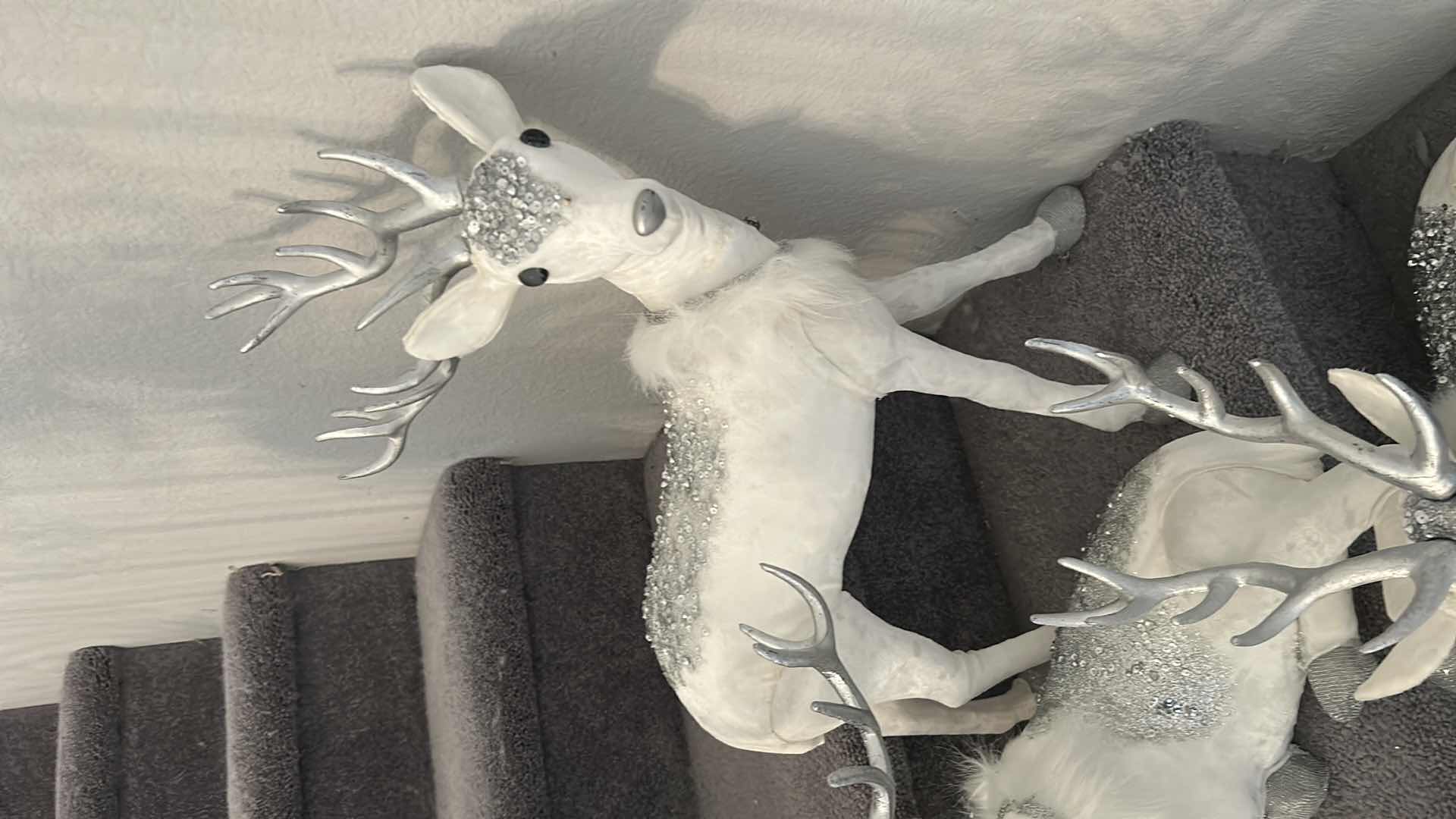 Photo 1 of 3- WHITE VELVET & GLITTER STANDING REINDEER HOLIDAY DECORATIONS ADORNED W PEARLS WHITE FAUX FUR COLLARS BY ROBERT STANLEY 12" X 23"