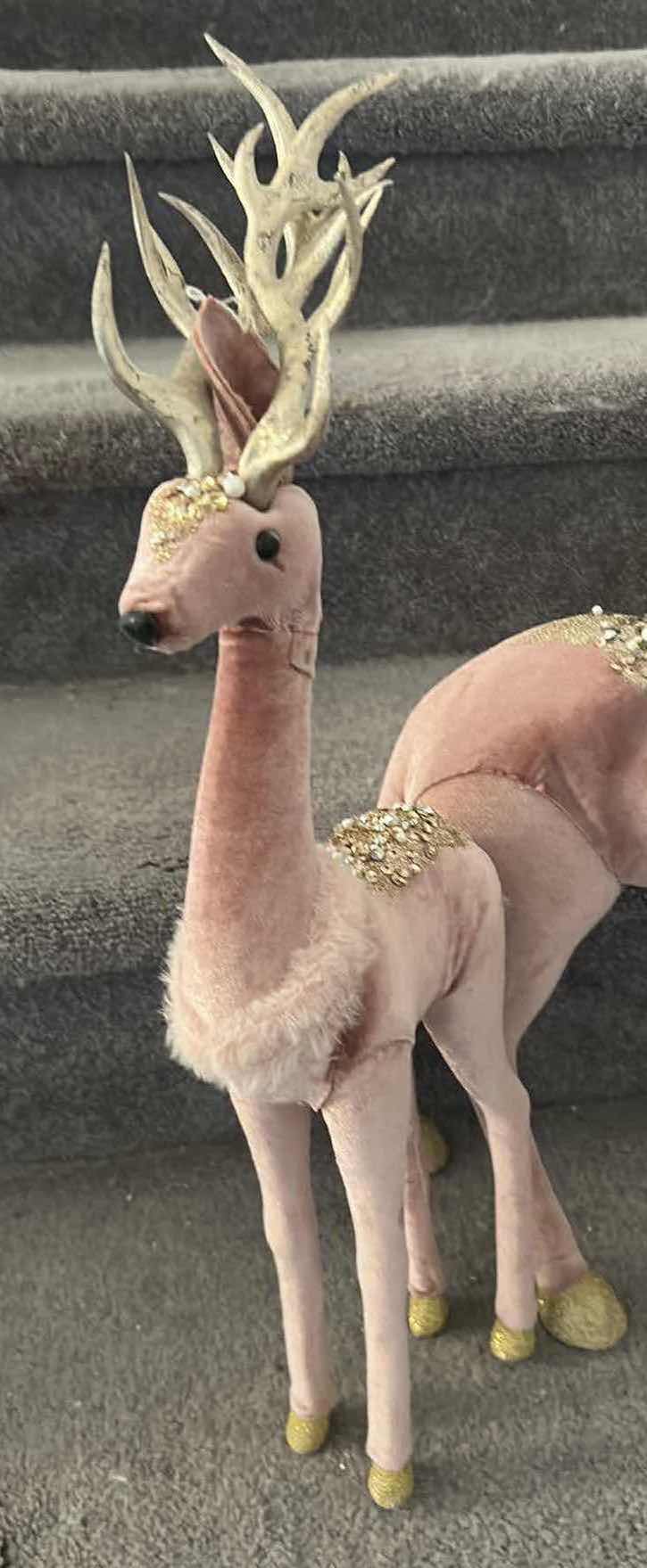 Photo 1 of 2- PINK VELVET & GLITTER STANDING REINDEER HOLIDAY DECORATIONS ADORNED W PEARLS WHITE FAUX FUR COLLARS BY ROBERT STANLEY 12"X 19" 5" X 19"