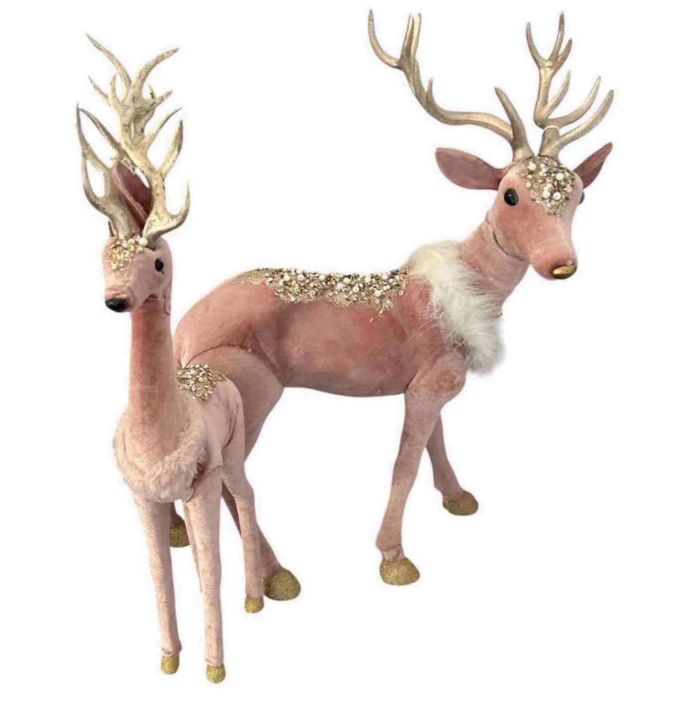 Photo 1 of 2- PINK VELVET & GLITTER STANDING REINDEER HOLIDAY DECORATIONS ADORNED W PEARLS WHITE FAUX FUR COLLARS BY ROBERT STANLEY 12"X 19" 5" X 19"