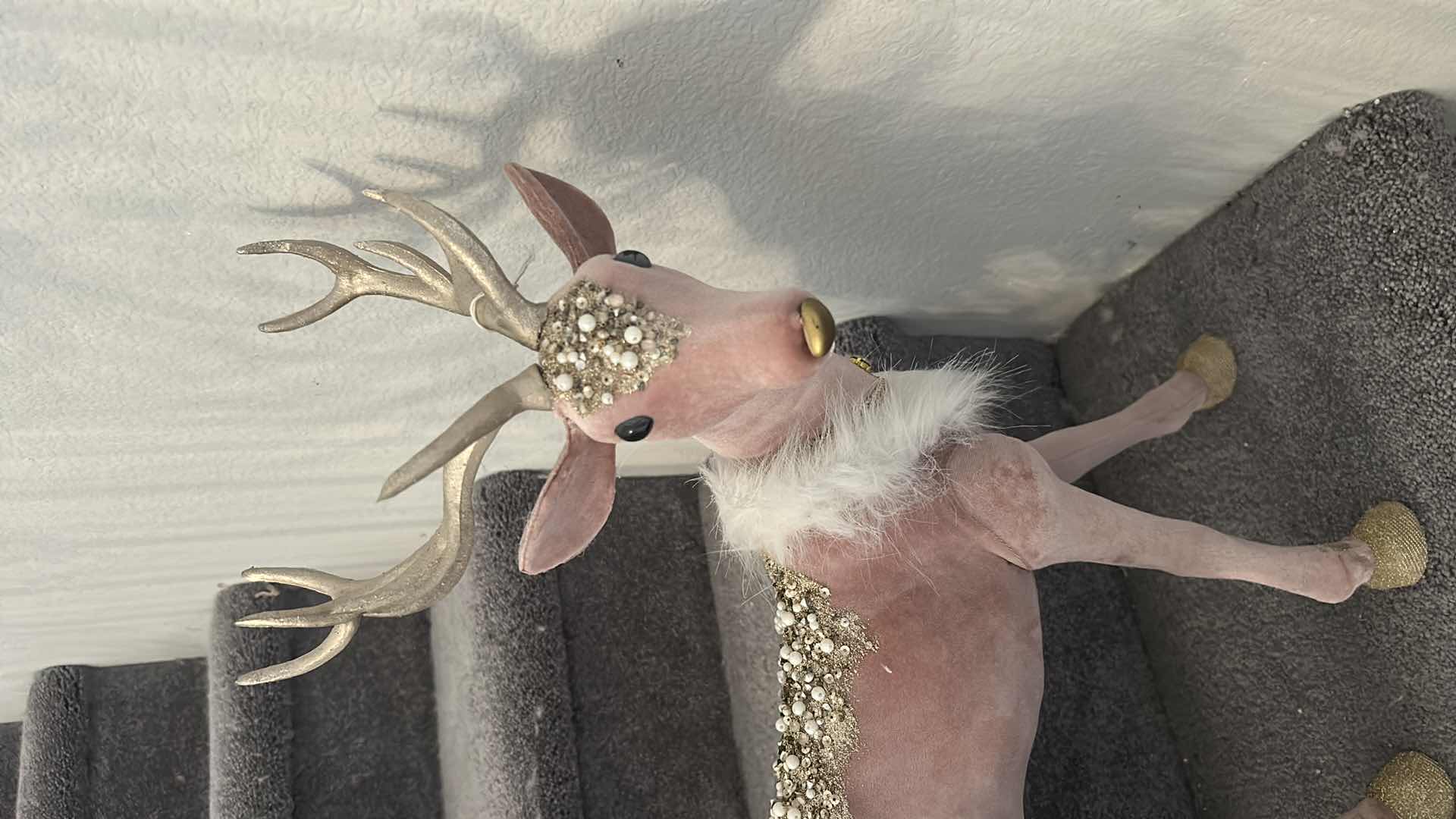 Photo 1 of 2- PINK VELVET & GLITTER STANDING REINDEER HOLIDAY DECORATIONS ADORNED W PEARLS WHITE FAUX FUR COLLARS BY ROBERT STANLEY 12"X 19" 5" X 19"