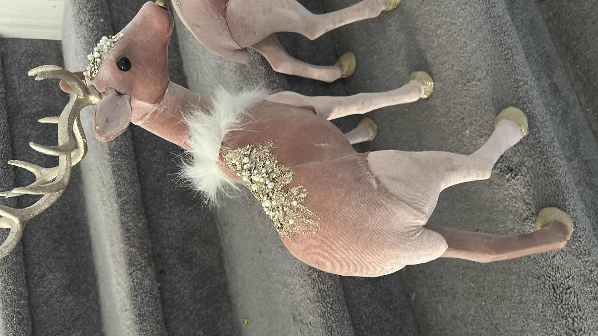 Photo 1 of 2- PINK VELVET & GLITTER STANDING REINDEER HOLIDAY DECORATIONS ADORNED W PEARLS WHITE FAUX FUR COLLARS BY ROBERT STANLEY 12" X 19"