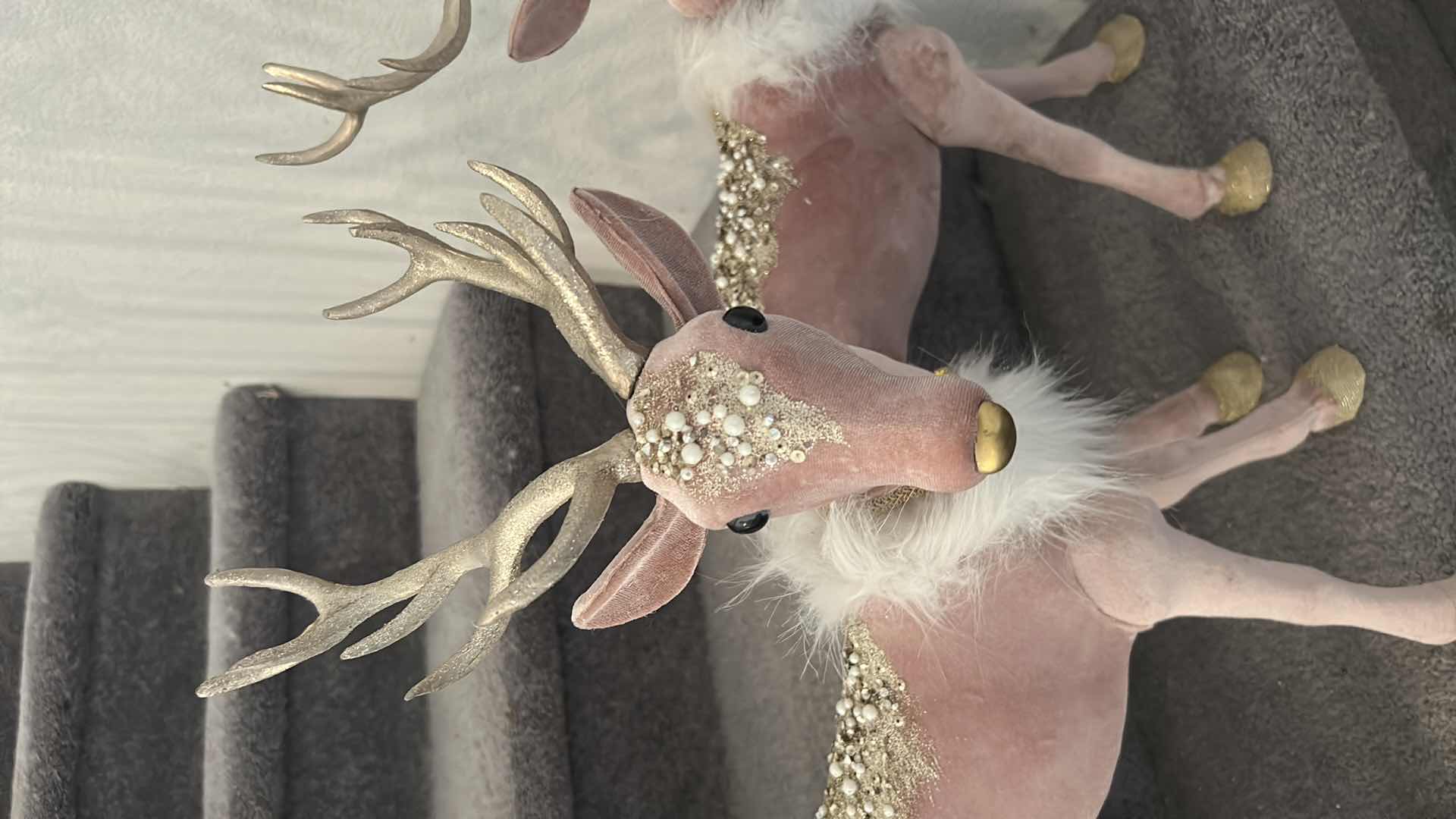 Photo 1 of 2- PINK VELVET & GLITTER STANDING REINDEER HOLIDAY DECORATIONS ADORNED W PEARLS WHITE FAUX FUR COLLARS BY ROBERT STANLEY 12" X 19"
