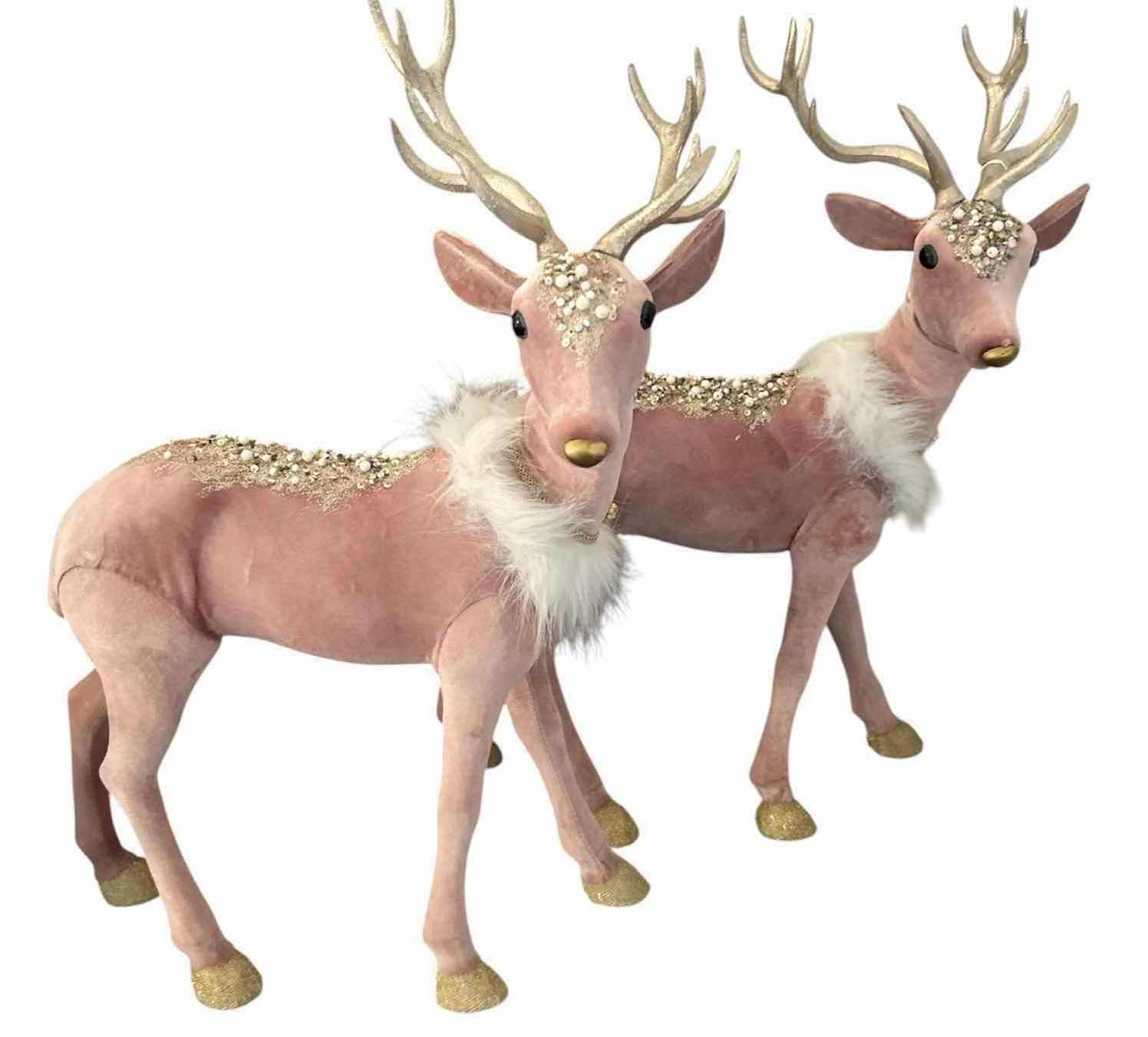 Photo 1 of 2- PINK VELVET & GLITTER STANDING REINDEER HOLIDAY DECORATIONS ADORNED W PEARLS WHITE FAUX FUR COLLARS BY ROBERT STANLEY 12" X 19"
