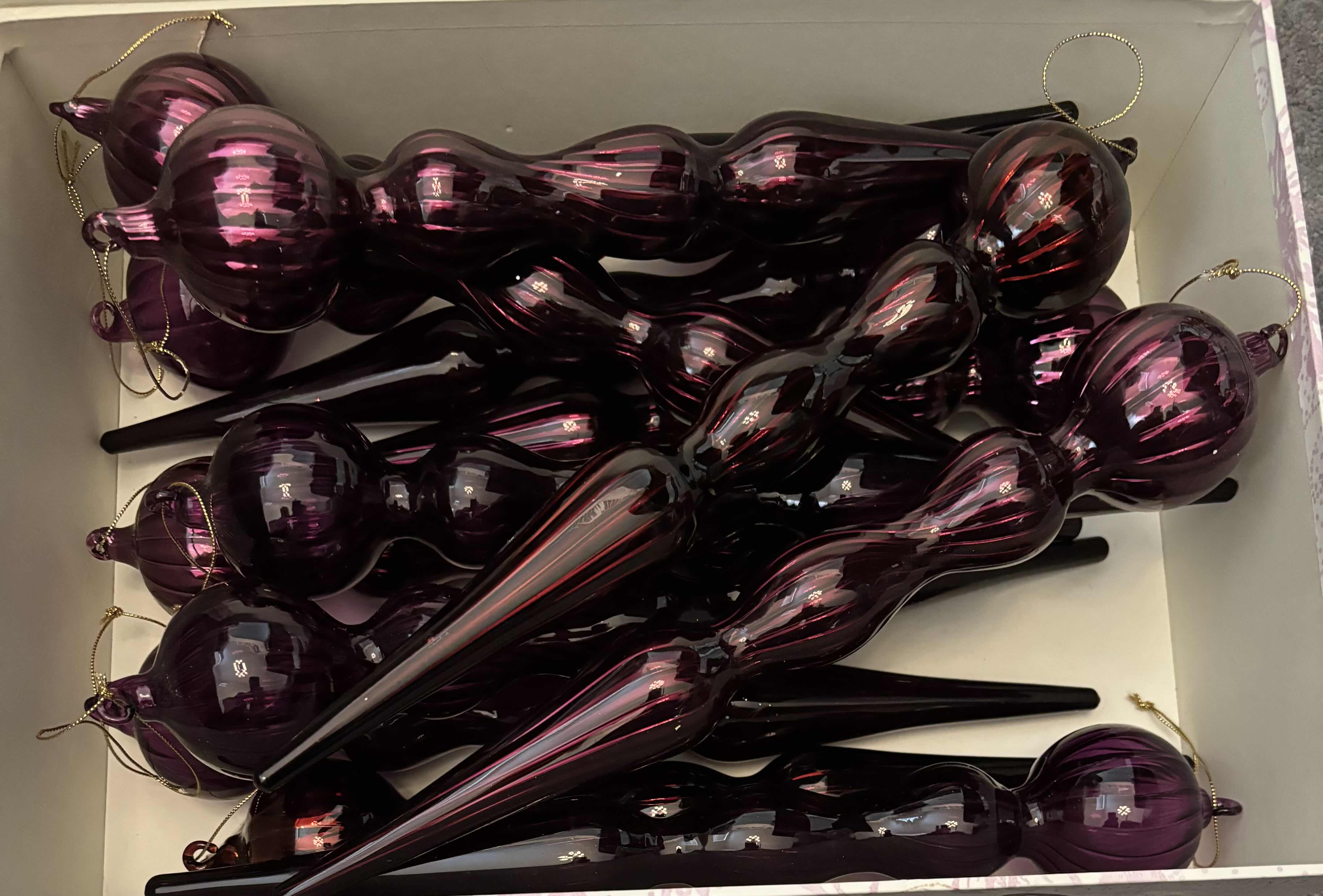 Photo 1 of DECORATIVE BOX FULL OF GLASS ORNAMENTS 12”L