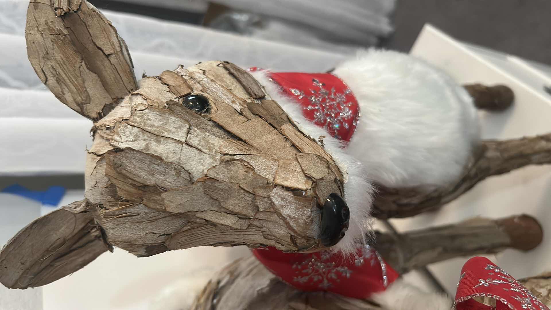 Photo 1 of PAIR OF RUSTIC STAND & RESTING REINDEER FIGURES CRAFTED NATURAL WOOD BARK FAUX WHITE FUR H 25" 23"