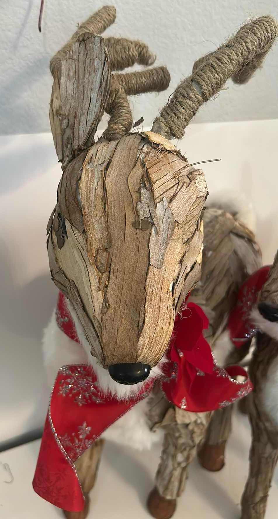 Photo 1 of PAIR OF RUSTIC STAND & RESTING REINDEER FIGURES CRAFTED NATURAL WOOD BARK FAUX WHITE FUR H 25" 23"