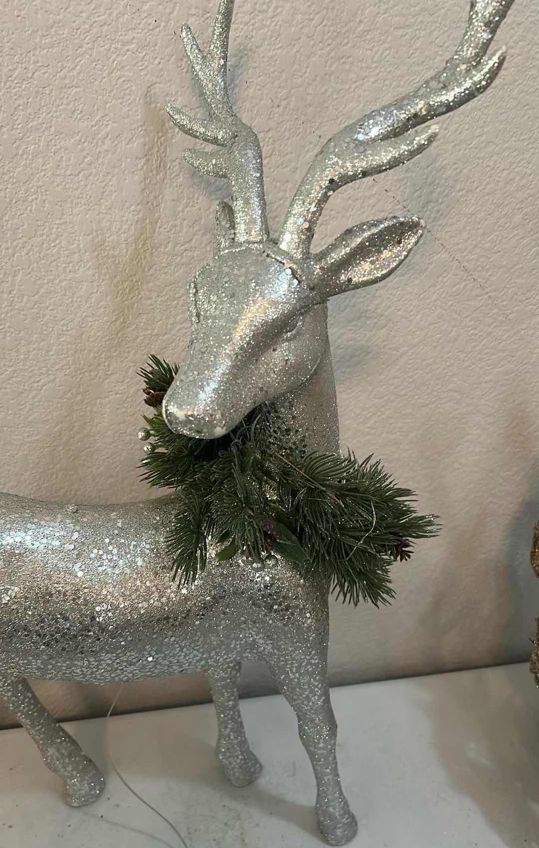 Photo 1 of 3- SPARKLING SILVER REINDEER TABLETOP FIGURES W GLITTER DUSTED FINISH H 24" 18" 14"