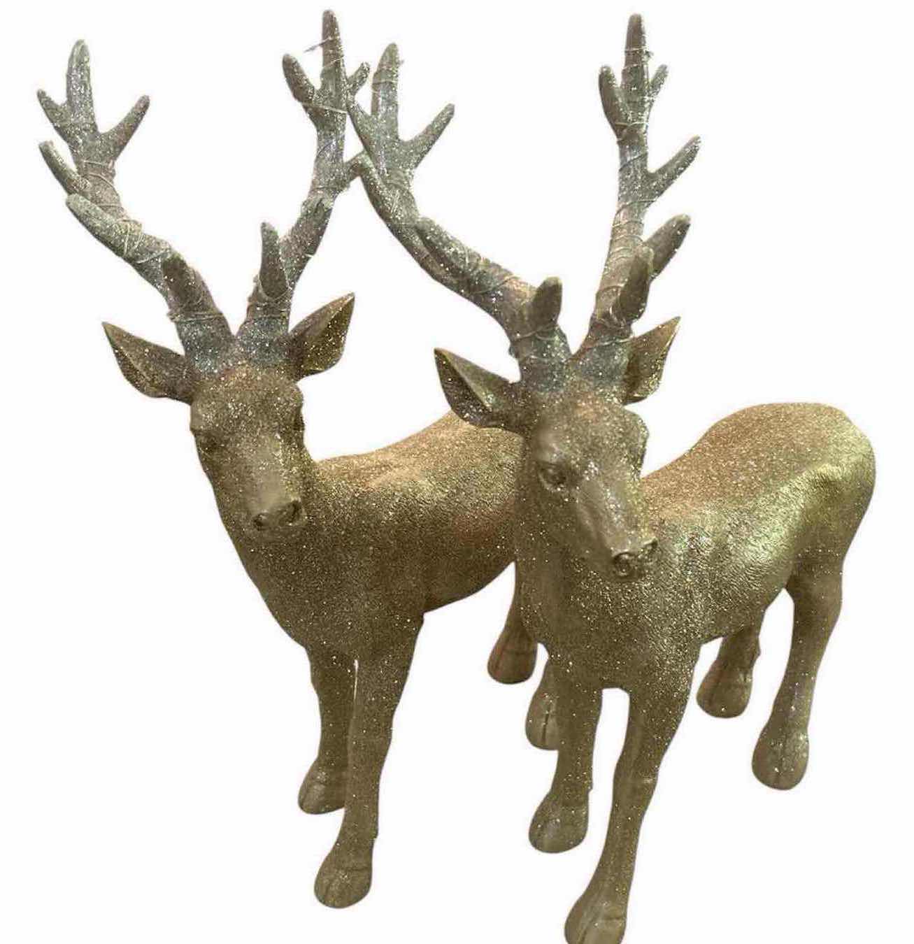 Photo 1 of 2-DECORATIVE STANDING CHAMPAGNE GOLD GLITTER REINDEER FIGURES W TEXTURE ANTLERS H 18"