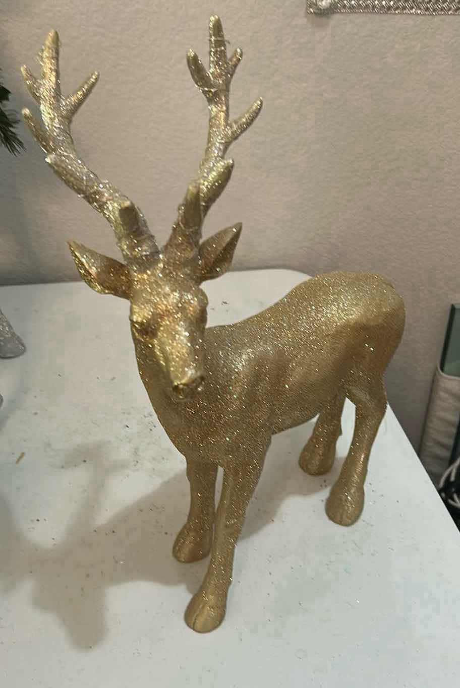 Photo 1 of 2-DECORATIVE STANDING CHAMPAGNE GOLD GLITTER REINDEER FIGURES W TEXTURE ANTLERS H 18"