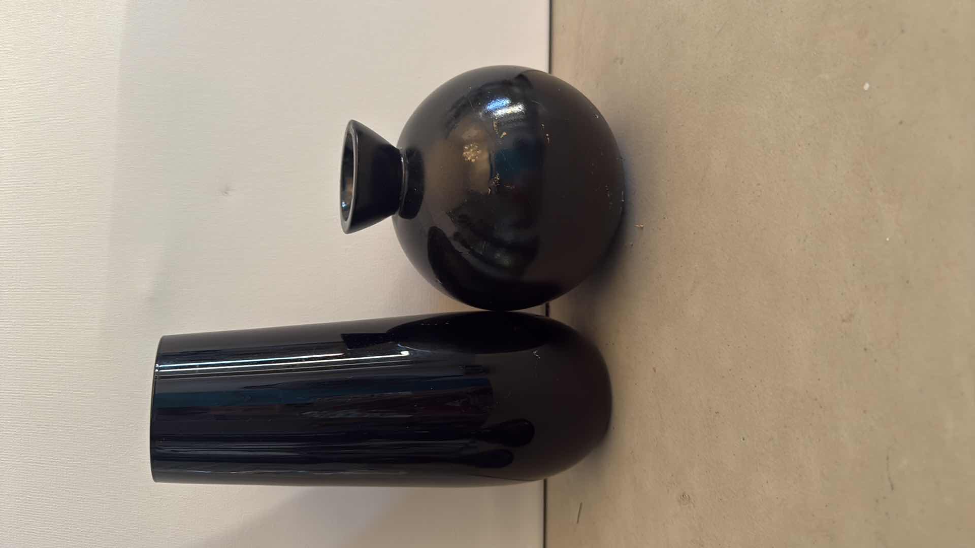 Photo 1 of 2-BLACK WOOD CANDLEHOLDERS, 2-BLACK GLASS VASES
