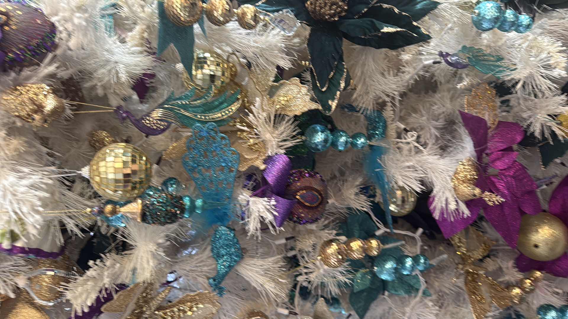 Photo 1 of 8’ FULL DECORATED WHITE ARTIFICIAL CHRISTMAS TREE W TEAL & PURPLE ORNAMENTS