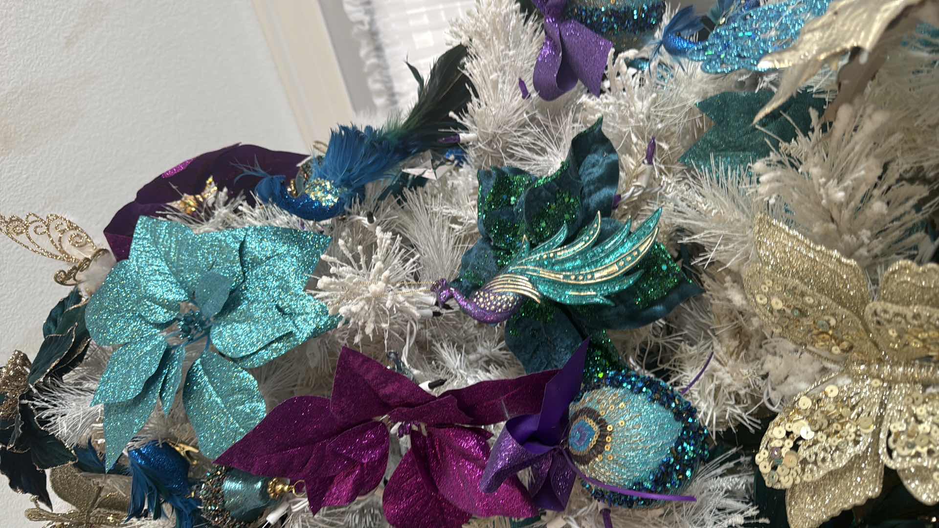 Photo 1 of 8’ FULL DECORATED WHITE ARTIFICIAL CHRISTMAS TREE W TEAL & PURPLE ORNAMENTS