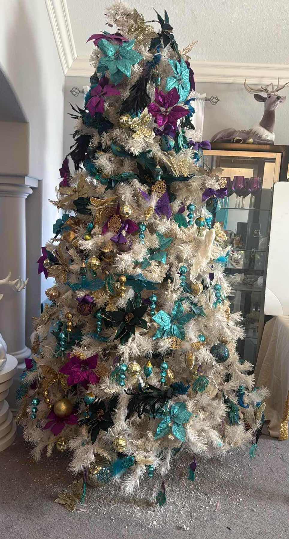 Photo 1 of 8’ FULL DECORATED WHITE ARTIFICIAL CHRISTMAS TREE W TEAL & PURPLE ORNAMENTS