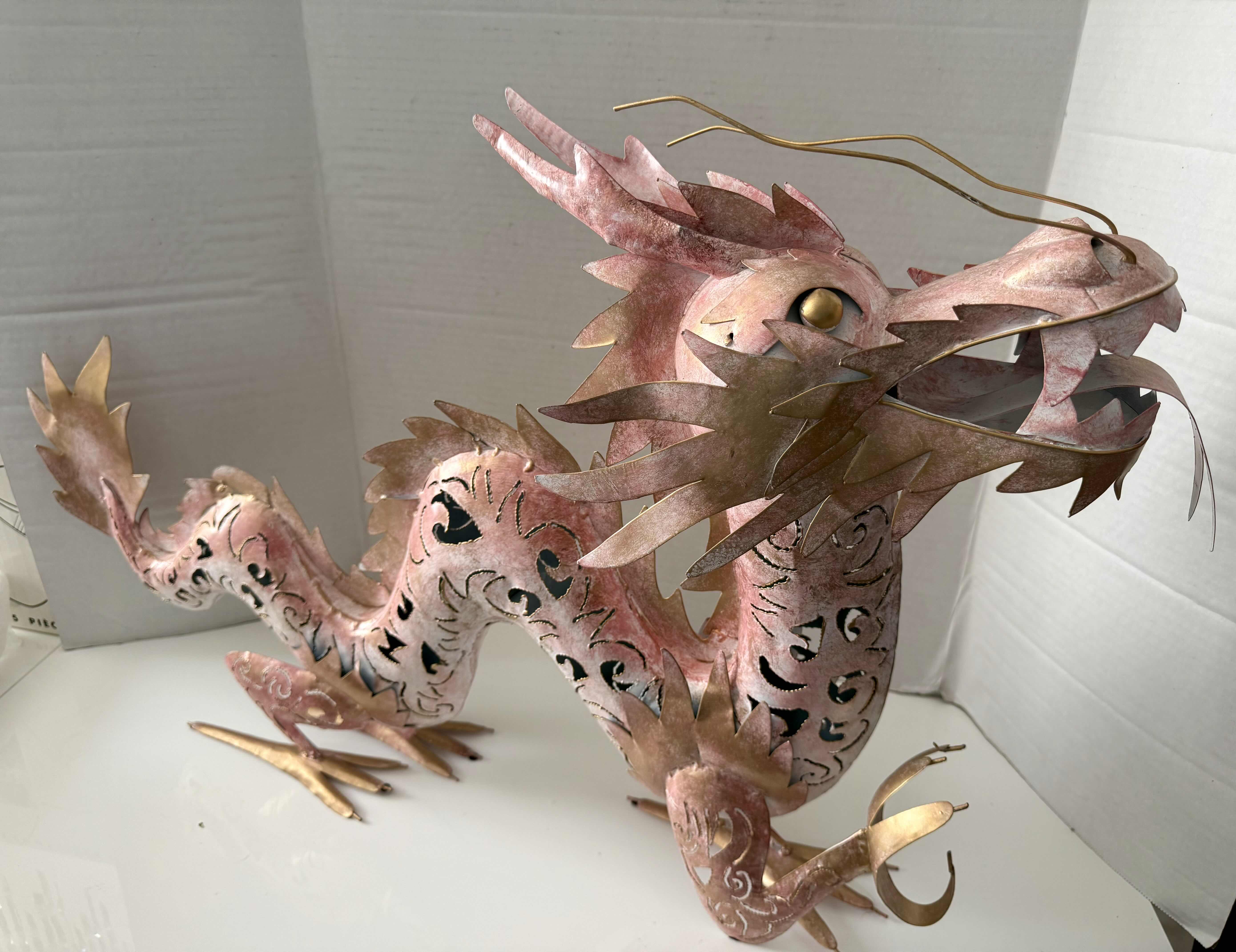 Photo 1 of METAL PINK & GOLD DRAGON SCULPTURE W35” H32”