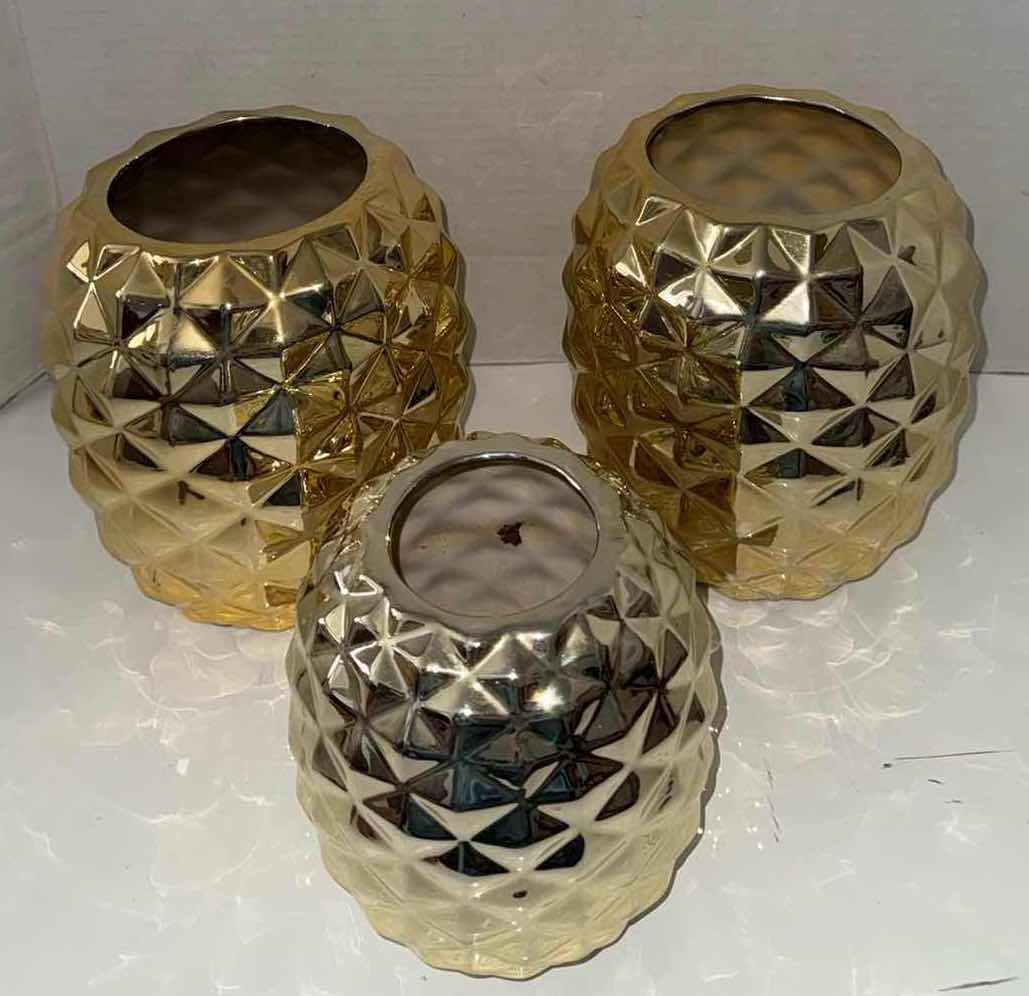 Photo 1 of 3-BRIGHT IDEAS TROPICAL ESCAPE GOLD GLASS VASES (TALLEST H9”)