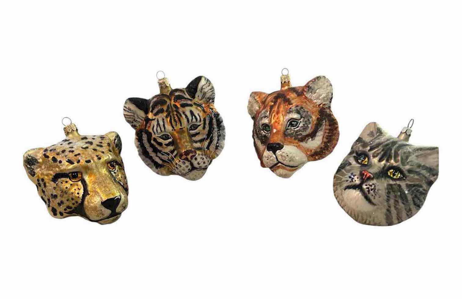 Photo 1 of 4-MOUTH BLOWN & HAND PAINTED GLASS ANIMAL HEAD ORNAMENTS