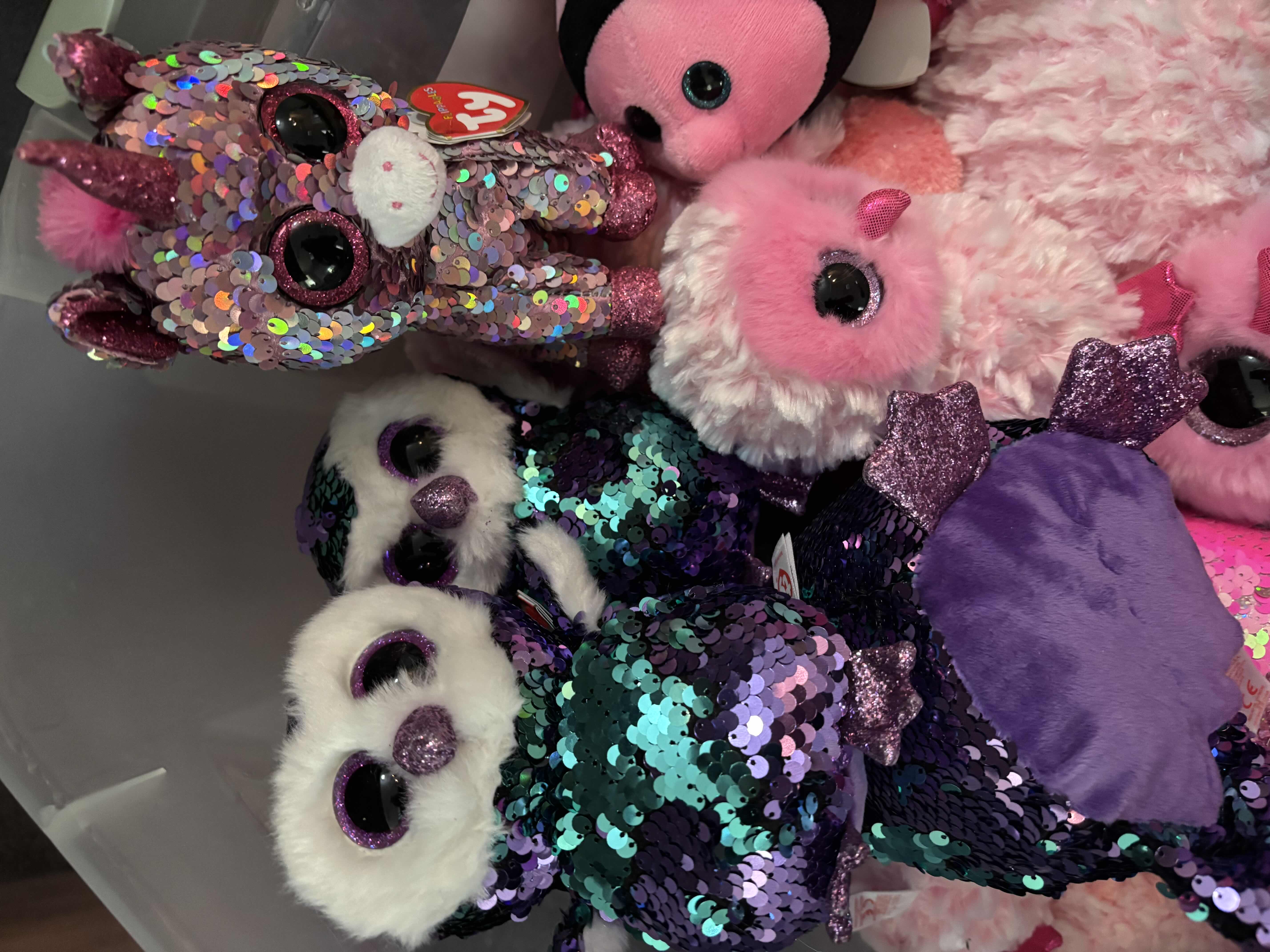 Photo 1 of CONTAINER OF STUFFED ANIMALS, MOST WITH SEQUINS