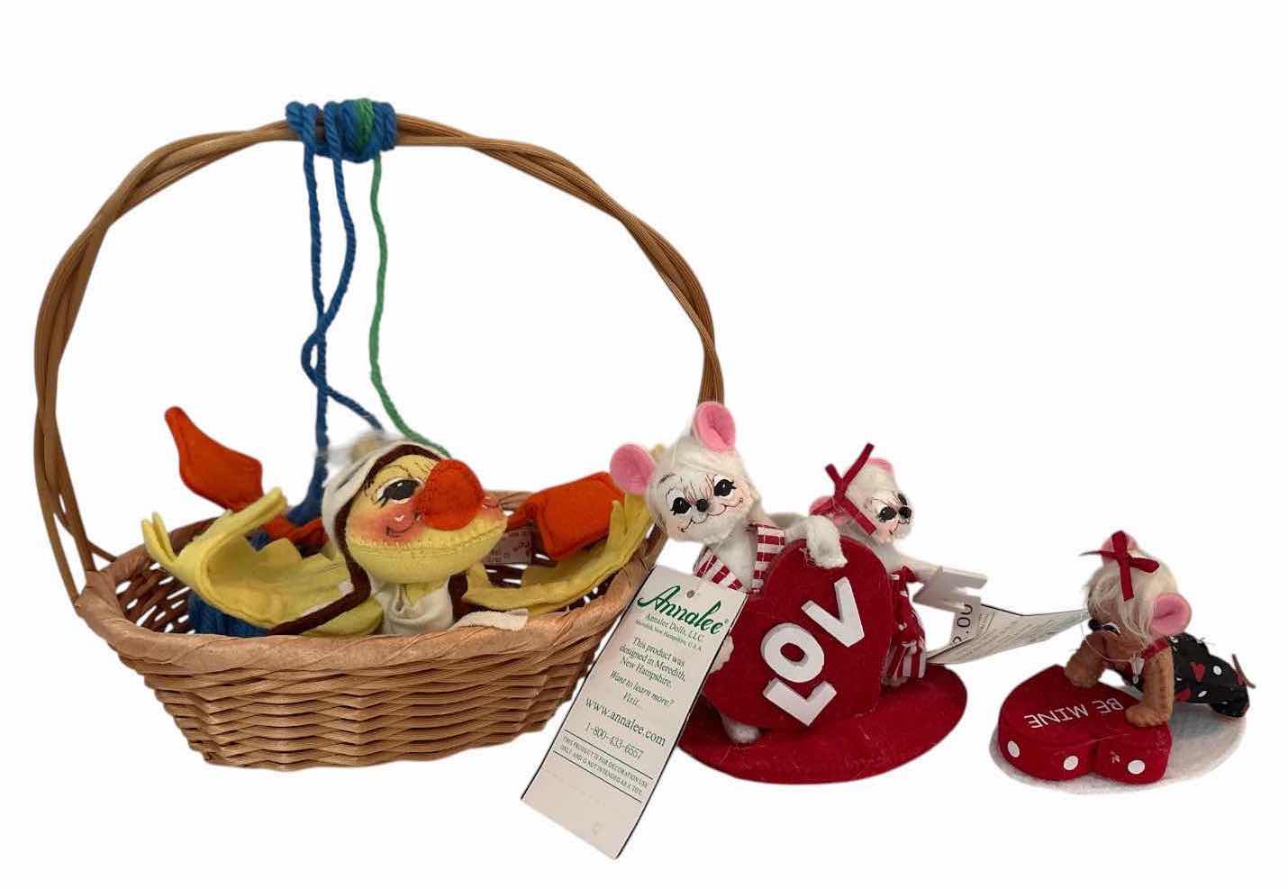 Photo 1 of 3-PCS ANNALEE VALENTINE MICE & DUCK FIGURES WITH BASKET H8.5”