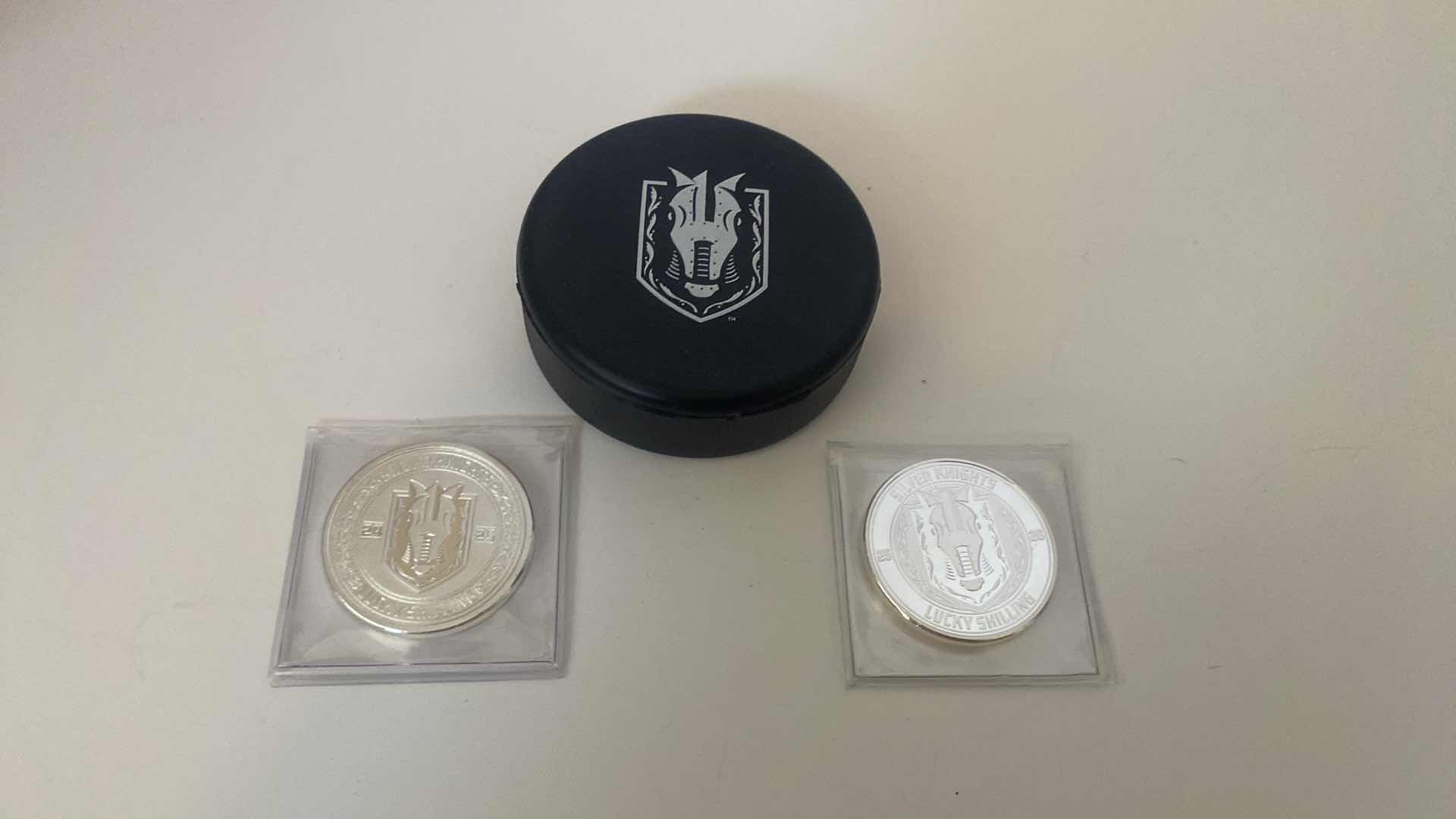 Photo 1 of SILVER KNIGHTS FOAM PUCK AND TWO COINS SOUVENIRS