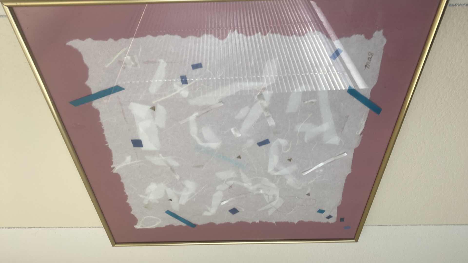 Photo 1 of VINTAGE GOLD FRAMED ABSTRACT, MIXED MEDIA COLLAGE ON DECKLED EDGE PAPER SIGNED ARTWORK 20“ x 20“ (2)