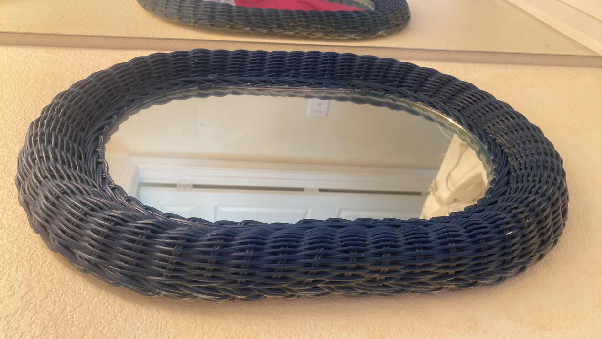 View 3 of OVAL MIRROR WITH BLUE WICKER FRAME 15“ X 20 1/2“