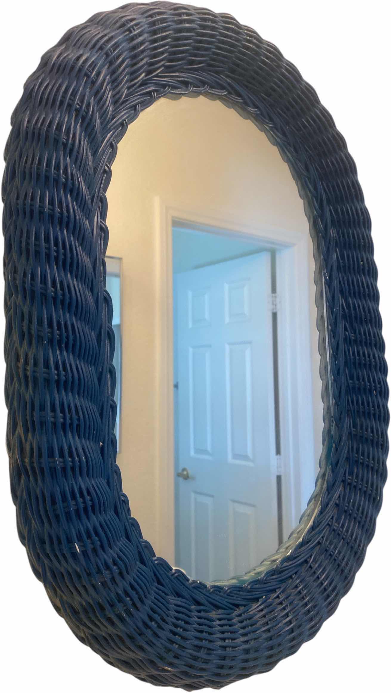 View 1 of OVAL MIRROR WITH BLUE WICKER FRAME 15“ X 20 1/2“