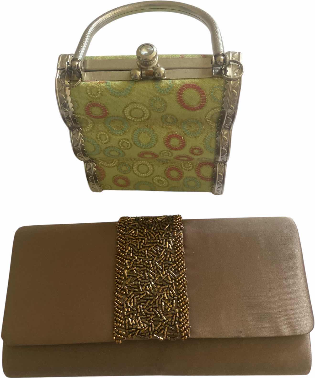 Photo 1 of WOMEN’S OLIVE GREEN CLUTCH WITH GOLD BEADING & SMALL LIME GREEN EVENING BAG 5“ X 5“