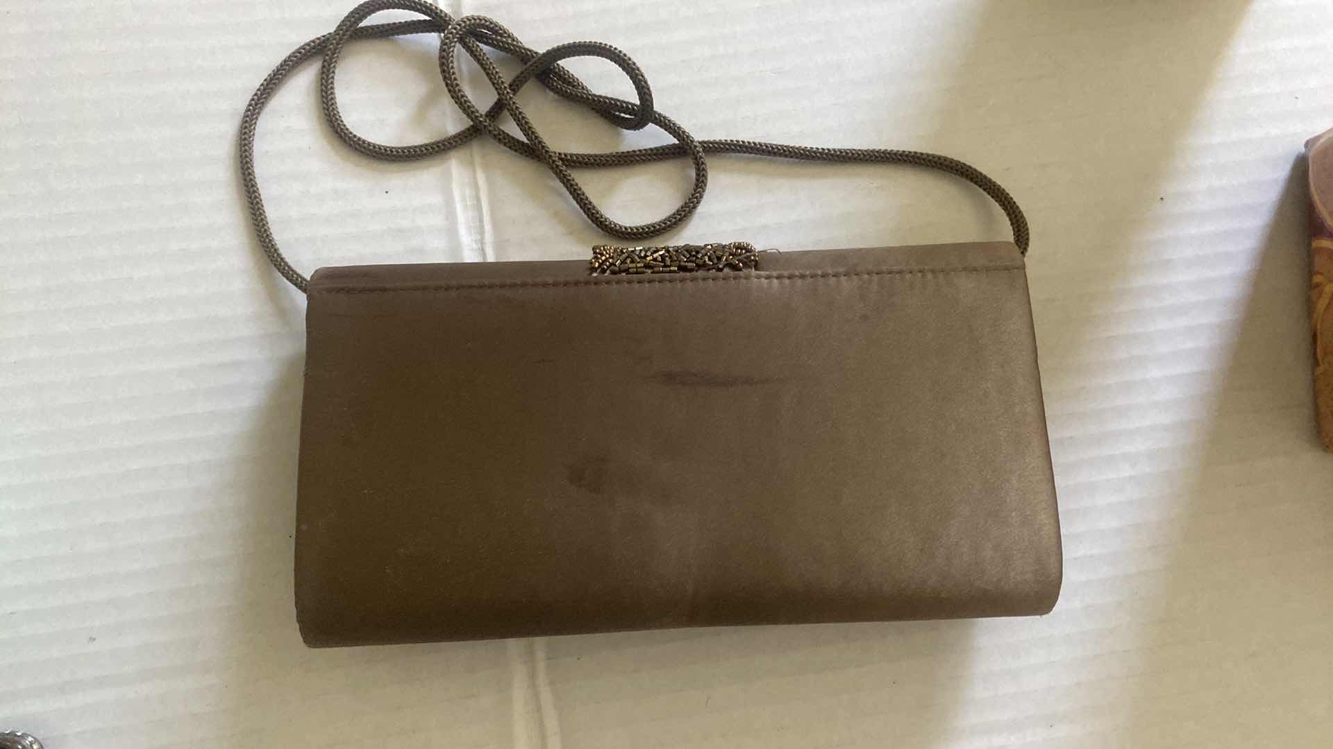 Photo 1 of WOMEN’S OLIVE GREEN CLUTCH WITH GOLD BEADING & SMALL LIME GREEN EVENING BAG 5“ X 5“