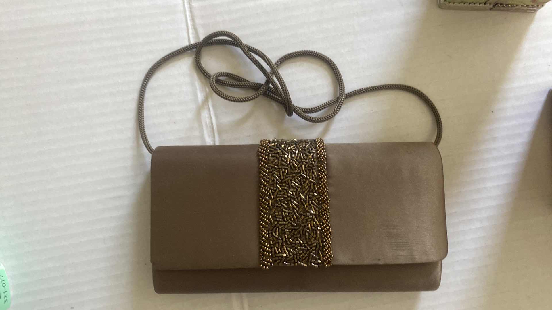 Photo 1 of WOMEN’S OLIVE GREEN CLUTCH WITH GOLD BEADING & SMALL LIME GREEN EVENING BAG 5“ X 5“