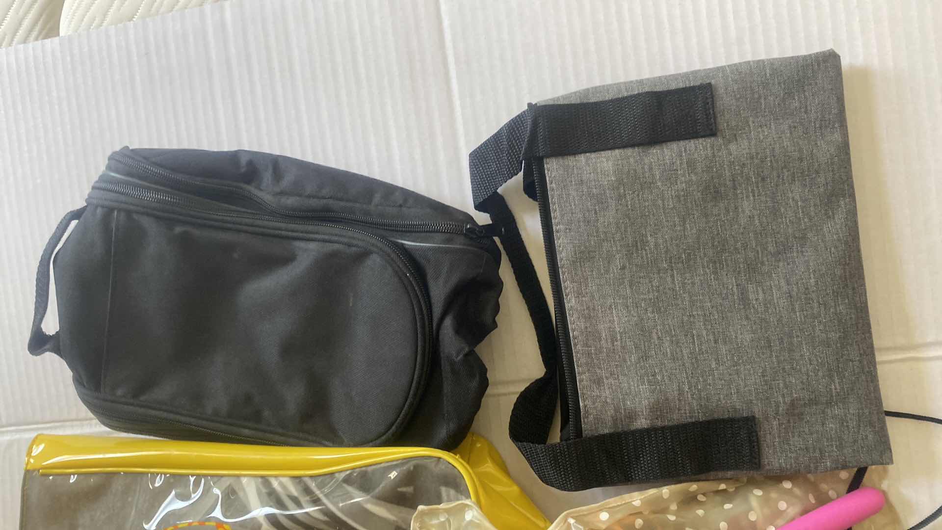 Photo 1 of VINYL BEACH TOTE & TRAVEL ACCESSORIES DOPP BAG/ SELFIE STICK, /LUGGAGE TAGS, SMALL BINOCULARS & BANDANA